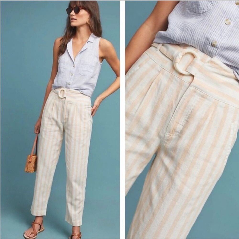 Anthropologie Oasis Striped High-rise Linen Pants in Peach/Cream Size 4
